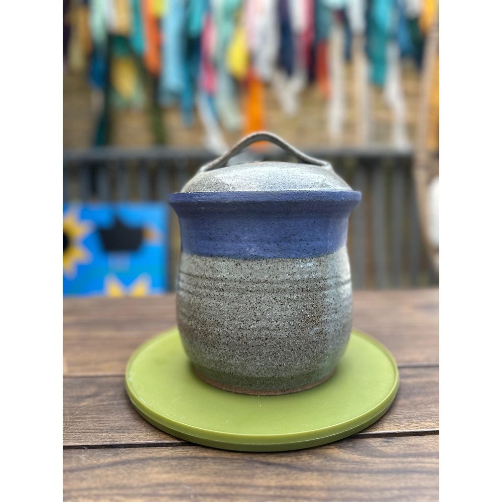 Signed Vintage Stoneware Jar Speckled Blue Cobalt Studio Pottery Lidded